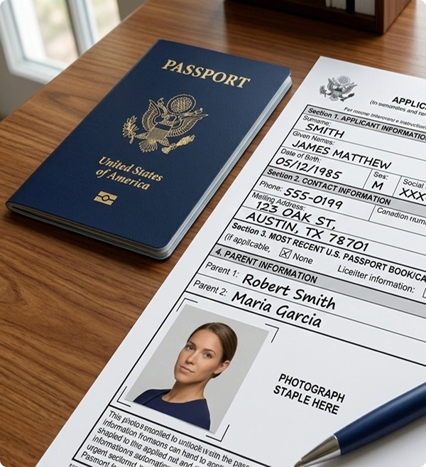 US passport and application form